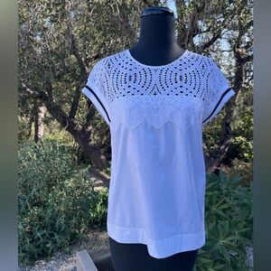 D. Exterior cap sleeve top with metallic accent and eyelet detail - size S
